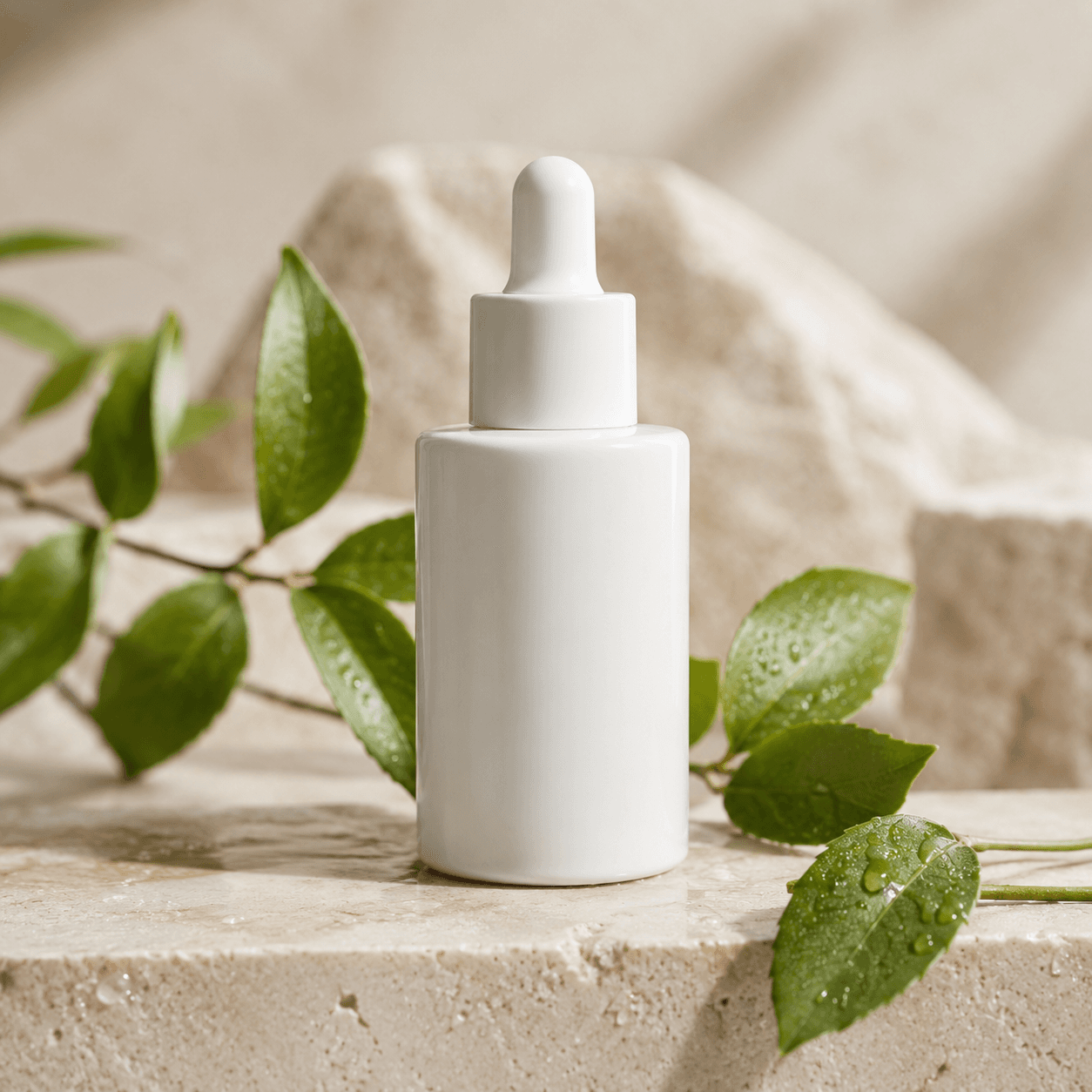 Minimal white skincare bottle on stone with green leaves and soft daylight.