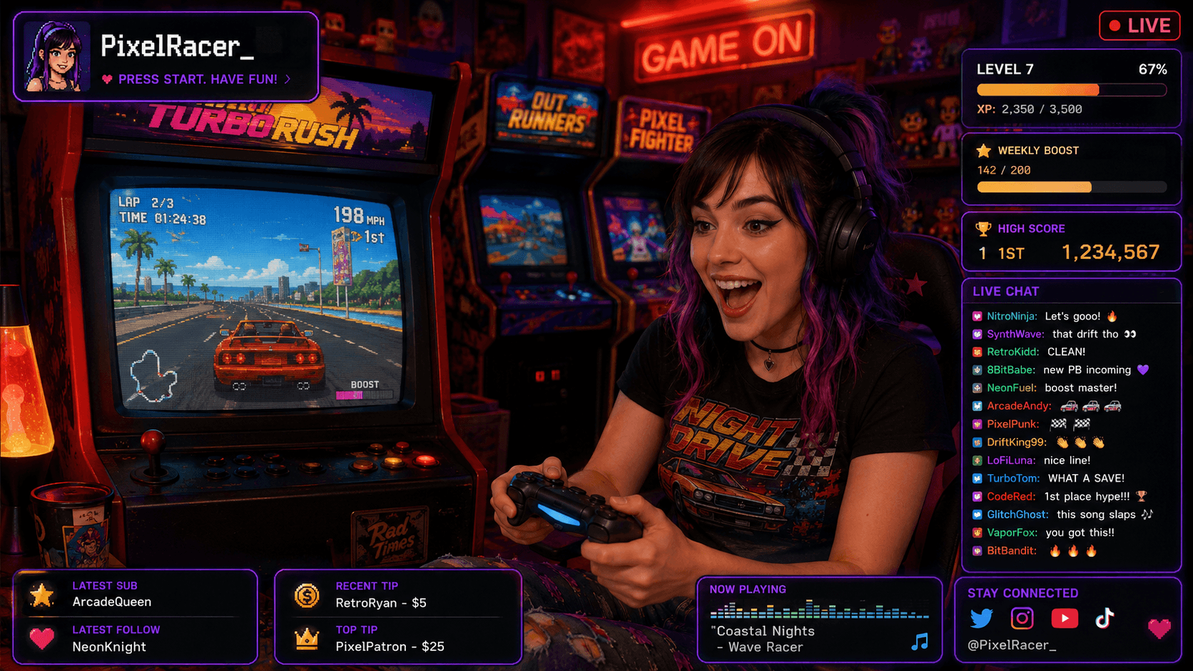 Colorful arcade gaming scene with a smiling player and bright UI elements.