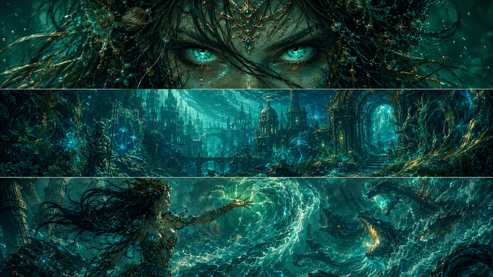 Wide cinematic fantasy forest scene with deep green atmosphere.