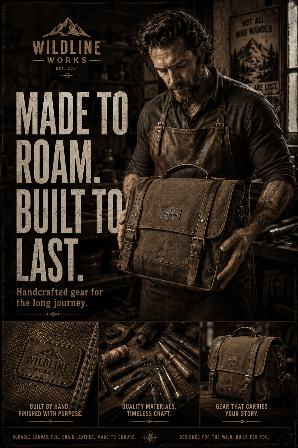 Rugged travel poster with a traveler and bold outdoor campaign styling.